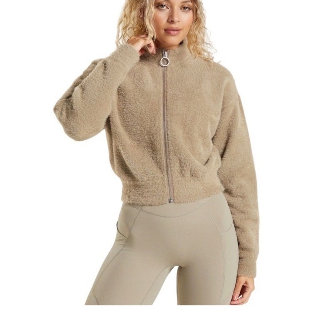 GYMSHARK X Whitney Simmons Knot Jacket Full zip Eyelash Soft Brown, Size Small